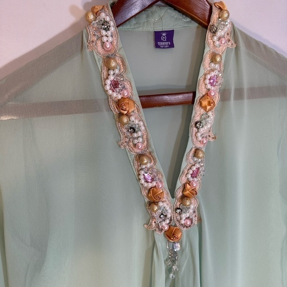 Queenora Womens Blouse Kaftan Lime Green Embedded Beads Ribbon Tunic Tunic Sz L - Picture 6 of 16